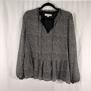 Loft Blouse Women Medium Black White Floral Vneck Tassels Long Sleeve Semi-Sheer